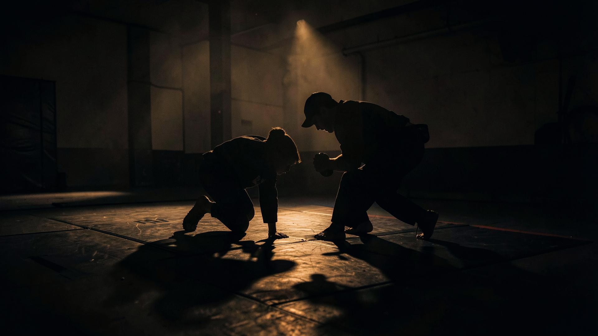 Grapplers training on the mats at night